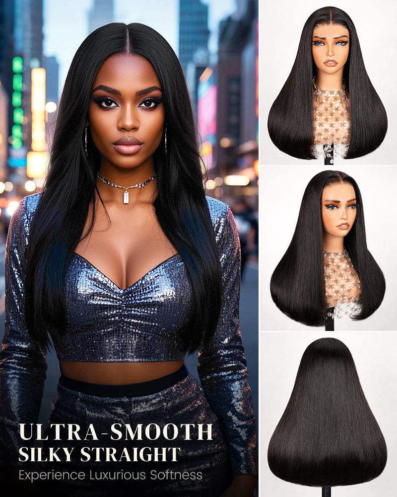 Natural Black Silky Straight Wigs 6x6 Lace Glueless Human Hair Wigs Middle Part