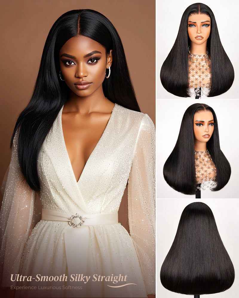 Natural Black Silky Straight Wigs 6x6 Lace Glueless Human Hair Wigs Middle Part