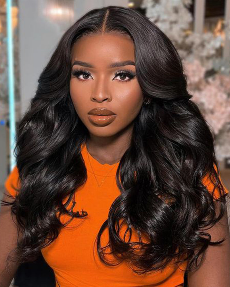 Blowout In Wavy Style Wigs Natural Black 6x6 Lace Glueless Human Hair Wigs Middle Part