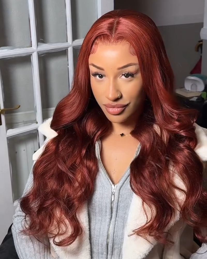 Reddish Auburn Brown Color Body Wave 13x4/6x5 Pre-cut Lace Front Human Hair Wig