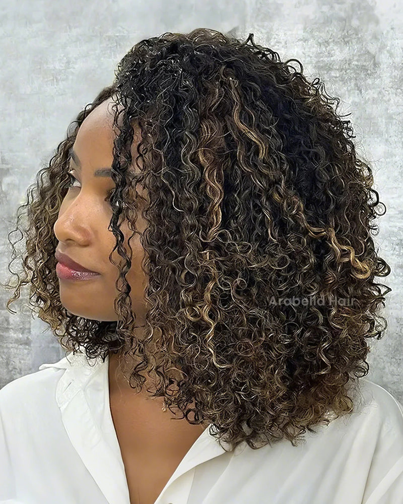 Minimalist Balayage Colored Short Bob Curly Highlight Color Human Hair Wig