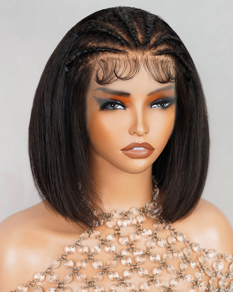 Pre-Braid Straight Short Bob Natural Black 13x4 Lace Front Human Hair Wig