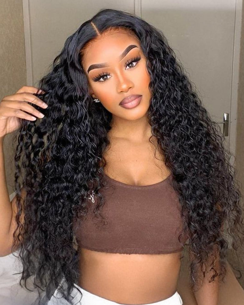 4x4 Glueless Lace Water Wave Lace Closure Natural Black Human Hair Wig