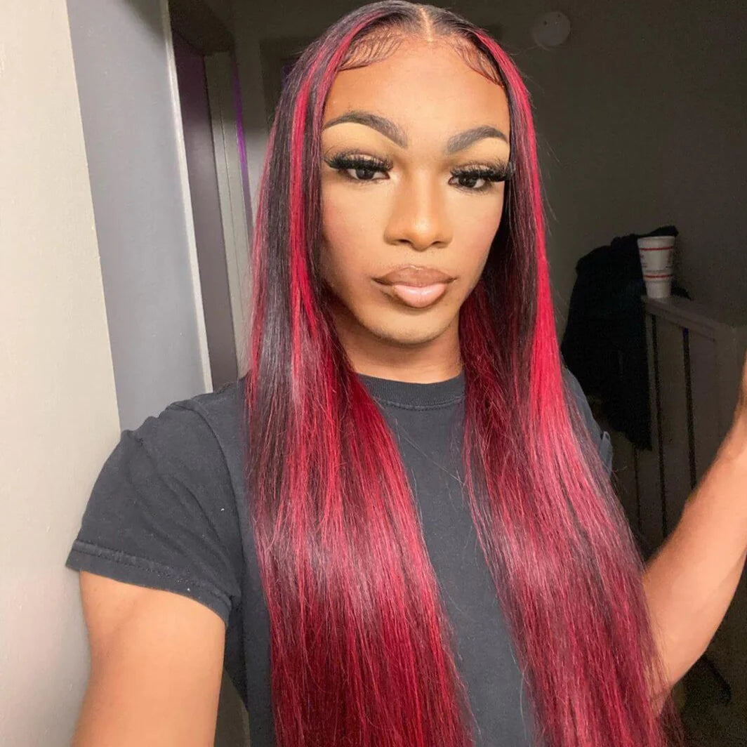 [Flash Sale] 13x4 Lace Dark Burgundy With Rose Red Highlights Body Wave/Straight Hair Lace Free Part Color Wigs