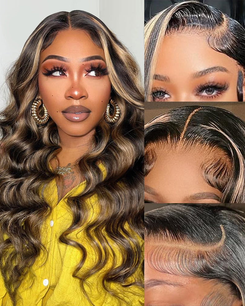 Balayage Highlight Color  Body Wave 6x5/13x4 Lace Front Human Hair Wig Free Part