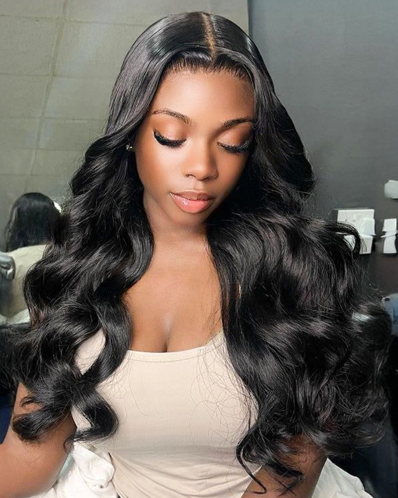 V Part Body Wave Natural Black No Glule Needed Human Hair Wigs