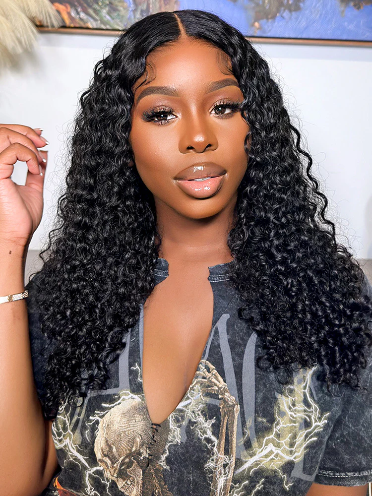 Deep Wave Natural Black Curly Glueless 4x4 Lace Human Hair Wigs