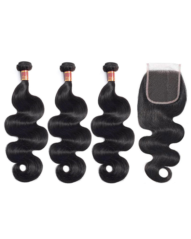 {12A 3Pcs+Closure} Body Wave 3 Bundles Hair With 4x4 Lace Closure 12A Human Hair Unprocessed Virgin Hair Weave