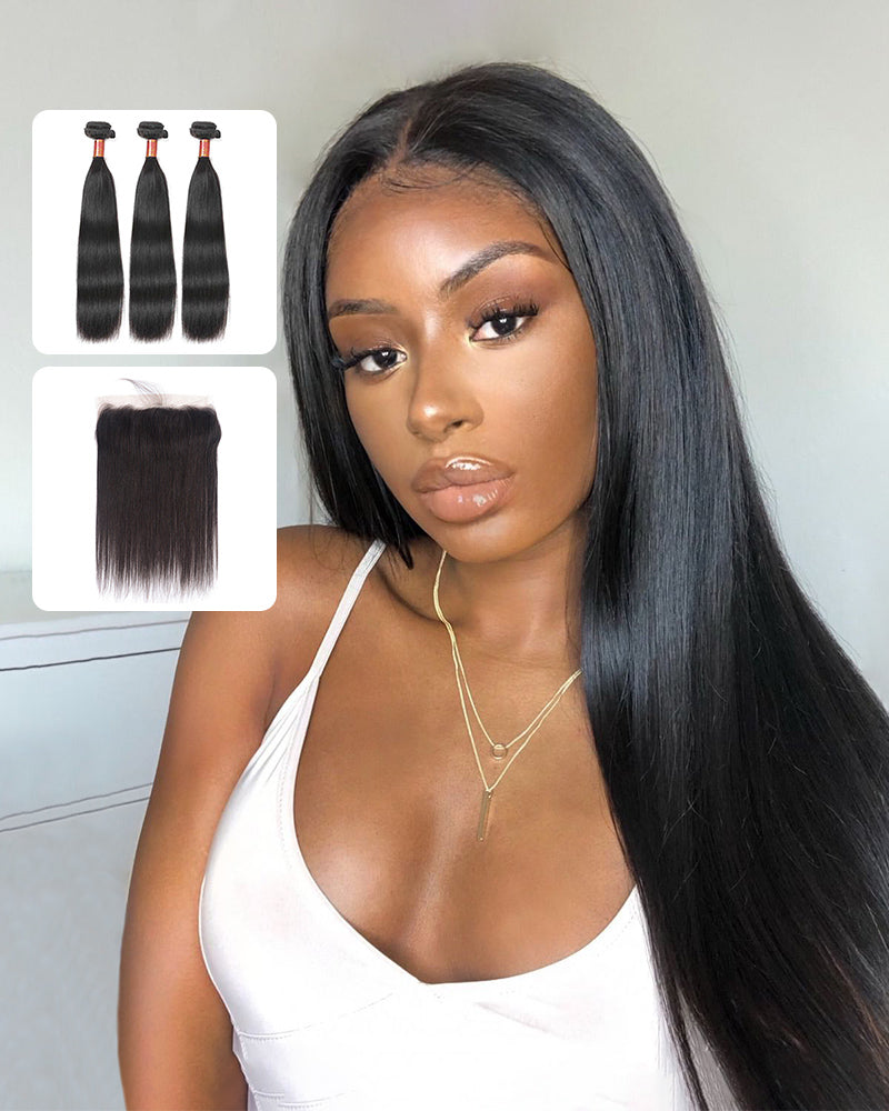 {12A 3Pcs+Frontal} Straight 3 Bundles Hair Weft With Transparent Lace Frontal Closure Human Hair