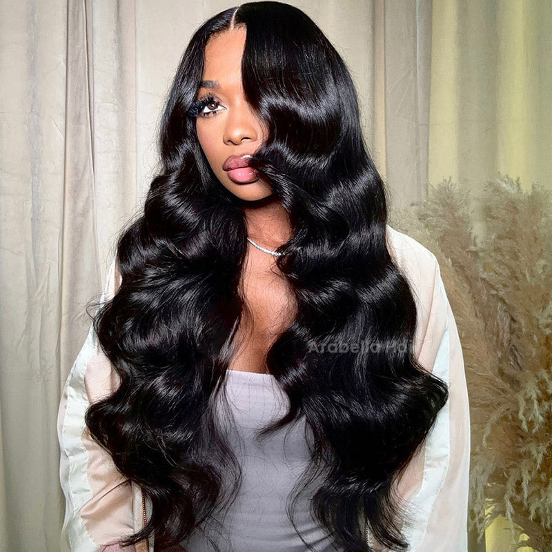 Body Wave Natural Black Body Wave Glueless 6x5 Pre-Cut Lace Front Wig C-part Human Hair Wig C-part