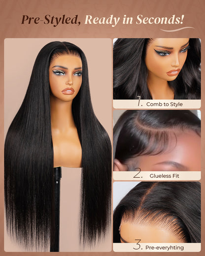 Pure-Luxe|Natural Black Glueless Pre-Cut Lace Ultra-Dense Human Hair Wig V-Shaped Sideburns