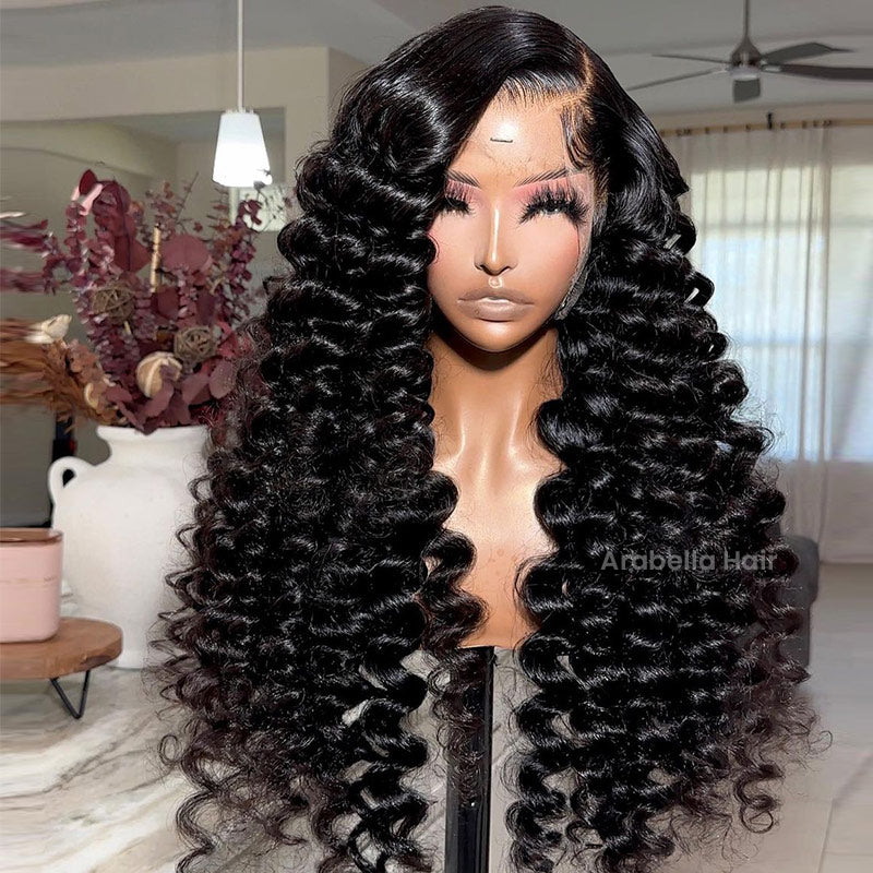 Wand Curls Long Length Glueless Lace Front  Pre-Bleached Knots Natural Black Human Hair Wigs