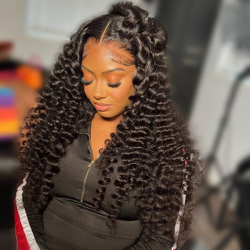 Wand Curls Long Length Glueless Lace Front  Pre-Bleached Knots Natural Black Human Hair Wigs