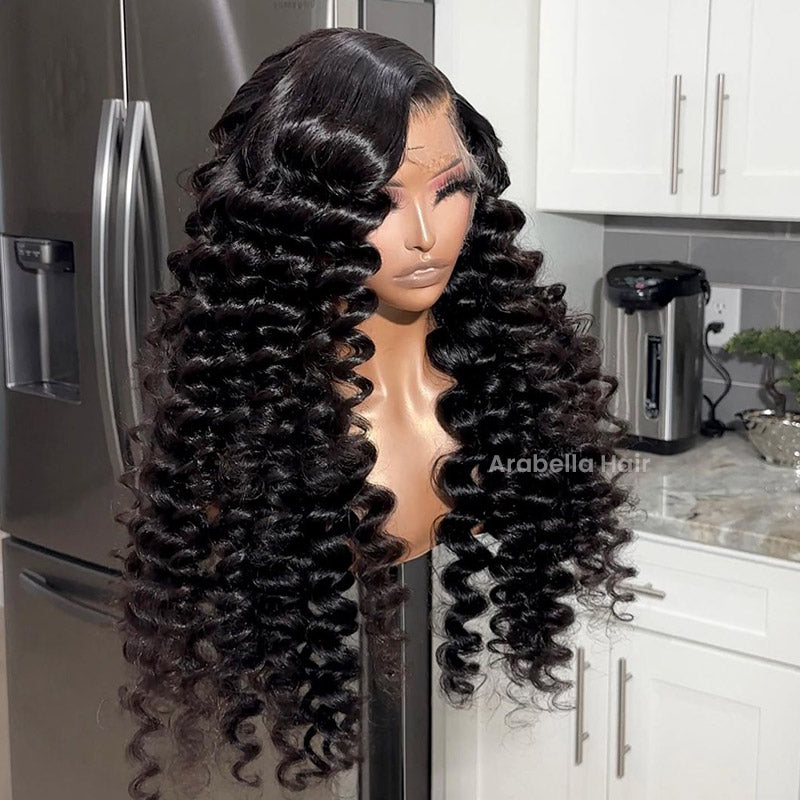 Wand Curls Long Length Glueless Lace Front  Pre-Bleached Knots Natural Black Human Hair Wigs