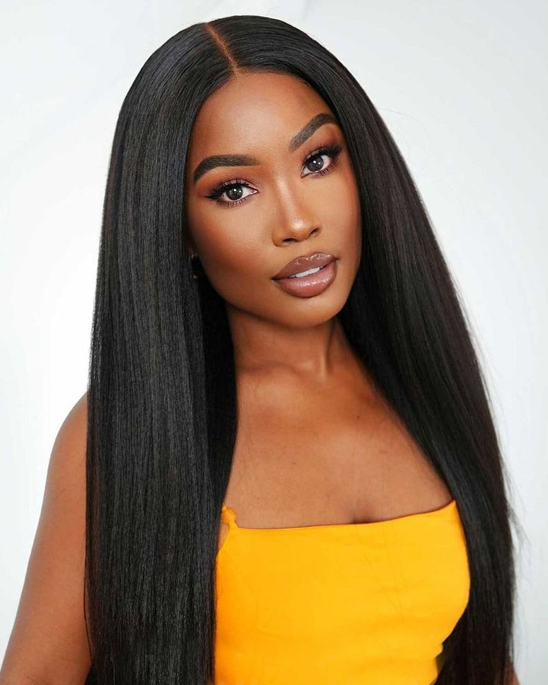 3 In 1 Half Wig | Yaki Straight Natural Black Easy-Wear No Glue Needed Upgrade With Drawstring Cap Human Hair Wigs