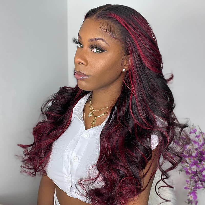 Dark Burgundy With Rose Red Highlights Body Wave 13x4 Lace Human Hair Wigs Free Part